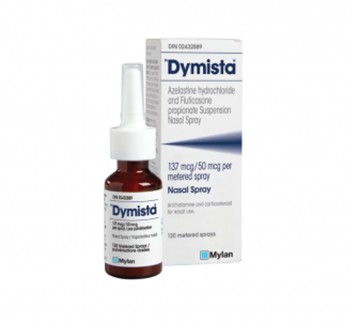 Dymista is a nasal spray that is used to treat hayfever and allergy symptoms. It has two active ingredients: Azelastine is the antihistamine component which reduces the amount of histamine the body produces and lowers the allergic response, and fluticasone propionate is the steroid component which reduces inflammation of the nasal cavity and controls the response within those cells.