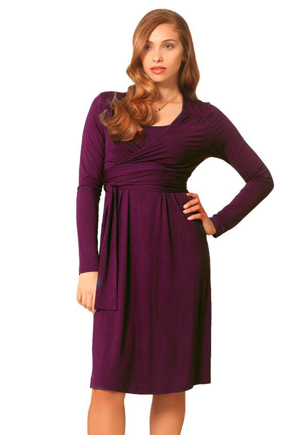 Milk Nursingwear Long Sleeved Wrap Nursing Dress, Deep Wine