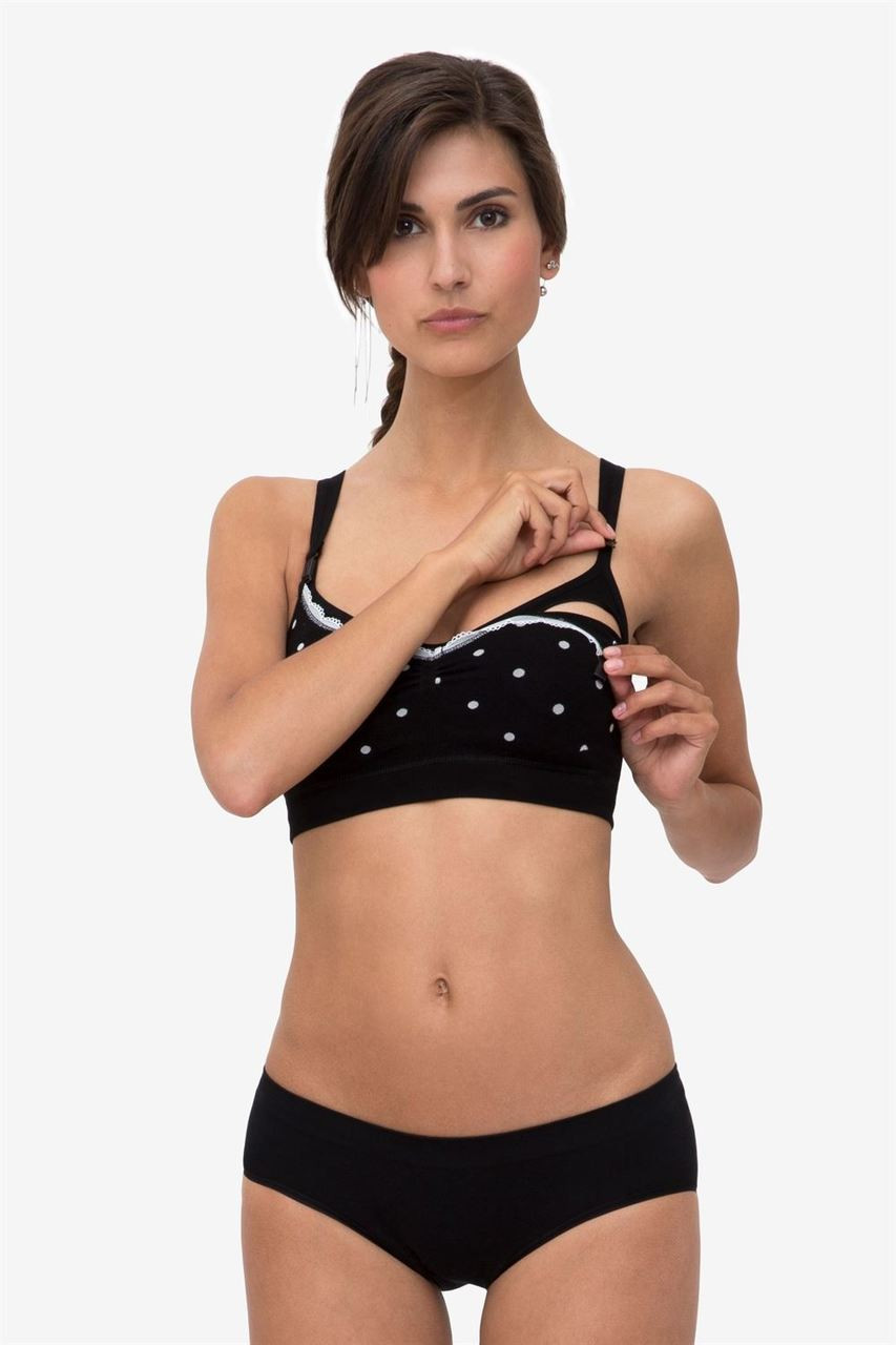 Milker Nursing Wear Bamboo Nursing Bra, Black with White Dots - Izzy's Mum