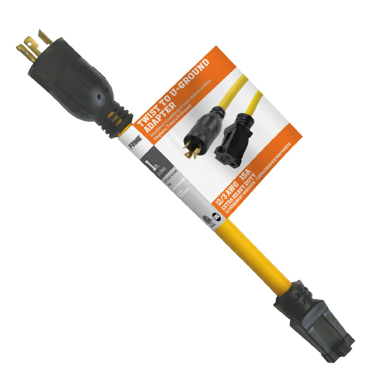 Prime 1Ft. 12/3 STW Yellow Twist-to-Lock to U-Ground Adapter