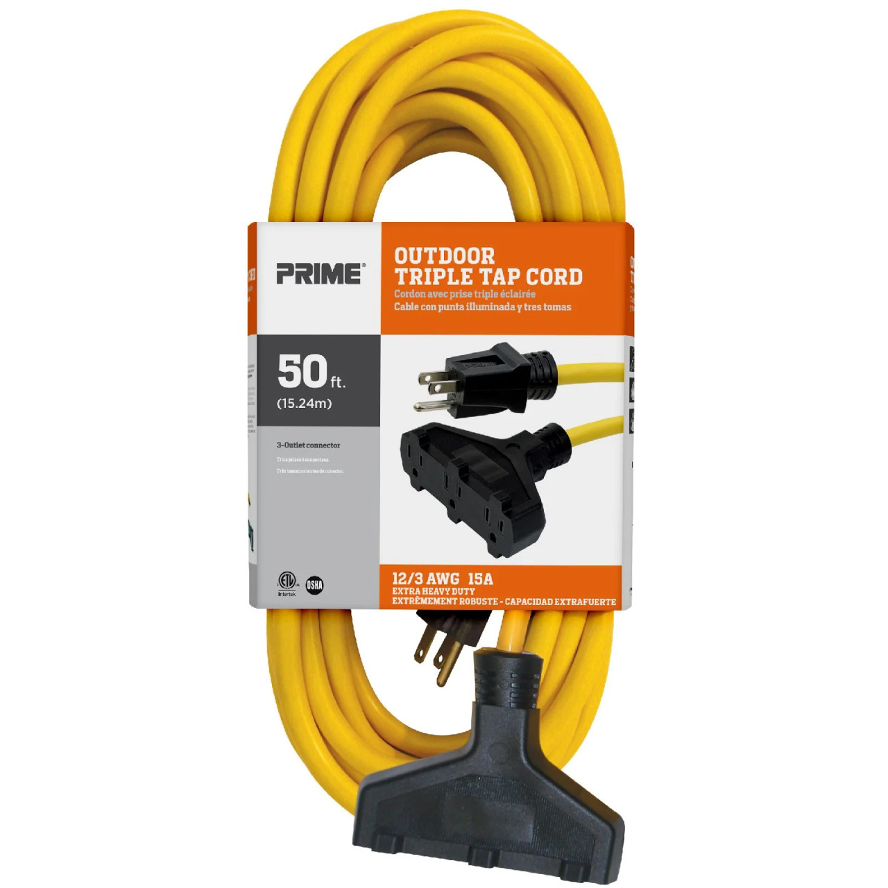 Prime 50 Ft. 12/3 SJTW 3-Outlet Outdoor Extension Cord