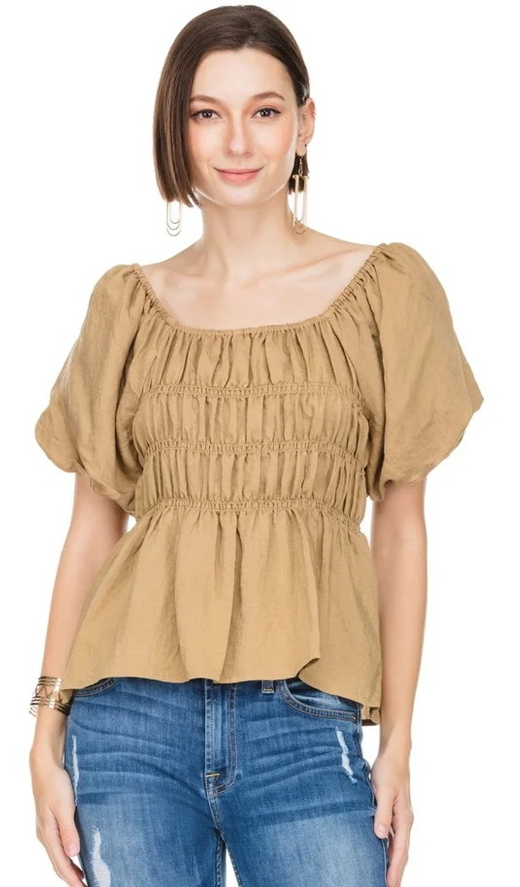 JoyJoy Cinched Waist Top in Camel - Monkee's of Draper