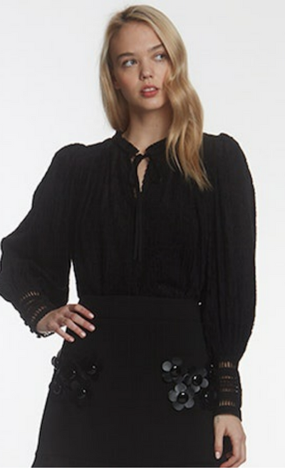 Stellah Black Texture Velvet LS Top