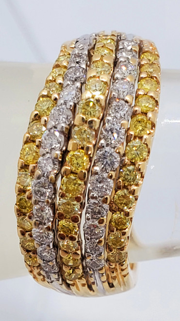 Fancy Yellow & white diamond four row 14K yellow gold band Ring