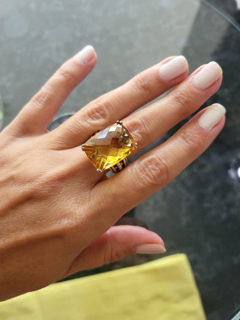 Lagos Caviar Silver 18k Gold Large Cushion Checkerboard Citrine Cocktail Ring