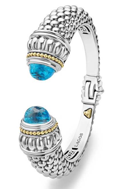 LAGOS CAVIAR 18k Gold Sterling Silver Swiss Blue Topaz Cuff 14mm In Blue/silver