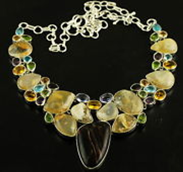 .925 Sterling Silver Agate & Multi Gemstone Necklace