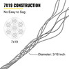 Galvanized Steel Cable, 3/16'' Aircraft Cable, 249ft Galvanized Cable 7x19 Construction Steel Wire Cable w/Cable Clamps, 4400lb Breaking Strength for Railing Decking, Lifting, Hanging, Fencing