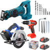Cordless Drill Combo Kit, Lithium-Ion Brushless 4-Pc Combo Kit, 20V Cordless Drill 2/5'', Reciprocating Saw 0-3000 SPM, Cordless Circular Saw 4900 RPM, Work Light, Power Tool Set for Improvement