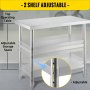 Stainless Steel Prep Table, 48x18x33 in Commercial Stainless Steel Table, 2 Adjustable Undershelf BBQ Prep Table, Heavy Duty Kitchen Work Table, for Garage, Home, Warehouse, and Kitchen Silver