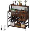 Wine Rack Home Bar Table, Industrial Liquor Storage Cabinets with Glass Holder, Bakers Rack Freestanding with Large Capacity for Home Kitchen Dining Room, Hold 12 Bottles of Wine (Rustic Brown)