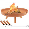 Fire Pit Bowl, 30-Inch Deep Round Carbon Steel Fire Bowl, Wood Burning for Outdoor Patios, Backyards & Camping Uses, with A Drain Hole, Portable Handles and A Firewood Stick, Brown