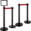 Stanchion Post Barriers 4-Set Line Dividers, Stainless Steel Stanchions with 6.6 Black Retractable Belts, Stanchions with One Sign Frame, 34.6 Queue Safety Stanchions (Balck)