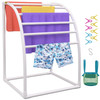 Pool Towel Rack, 7 Bar, White, Freestanding Outdoor PVC Curved Poolside Storage Organizer, Include 8 Towel Clips, Mesh Bag, Hook, Also Stores Floats and Paddles, for Beach, Swimming Pool, Home