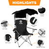 Oversized Camping Chair with Sun Canopy,Heavy Duty Folding Outdoor Chair with Armrests, Cup Holders and Carry Bag,Portable Lounge Chair for Camping, Beach, Fishing, Picnics and Sports Events Color Black