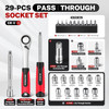 29PCS 1/4" Pass Through Socket Set, 3-In-1 Conversion for Standard Ratchet, Pass-Through Ratchet & Mini Screwdriver, Pass Thru Go Through Mechanics Tools Set For Hex, Square, E-Torx, Spline