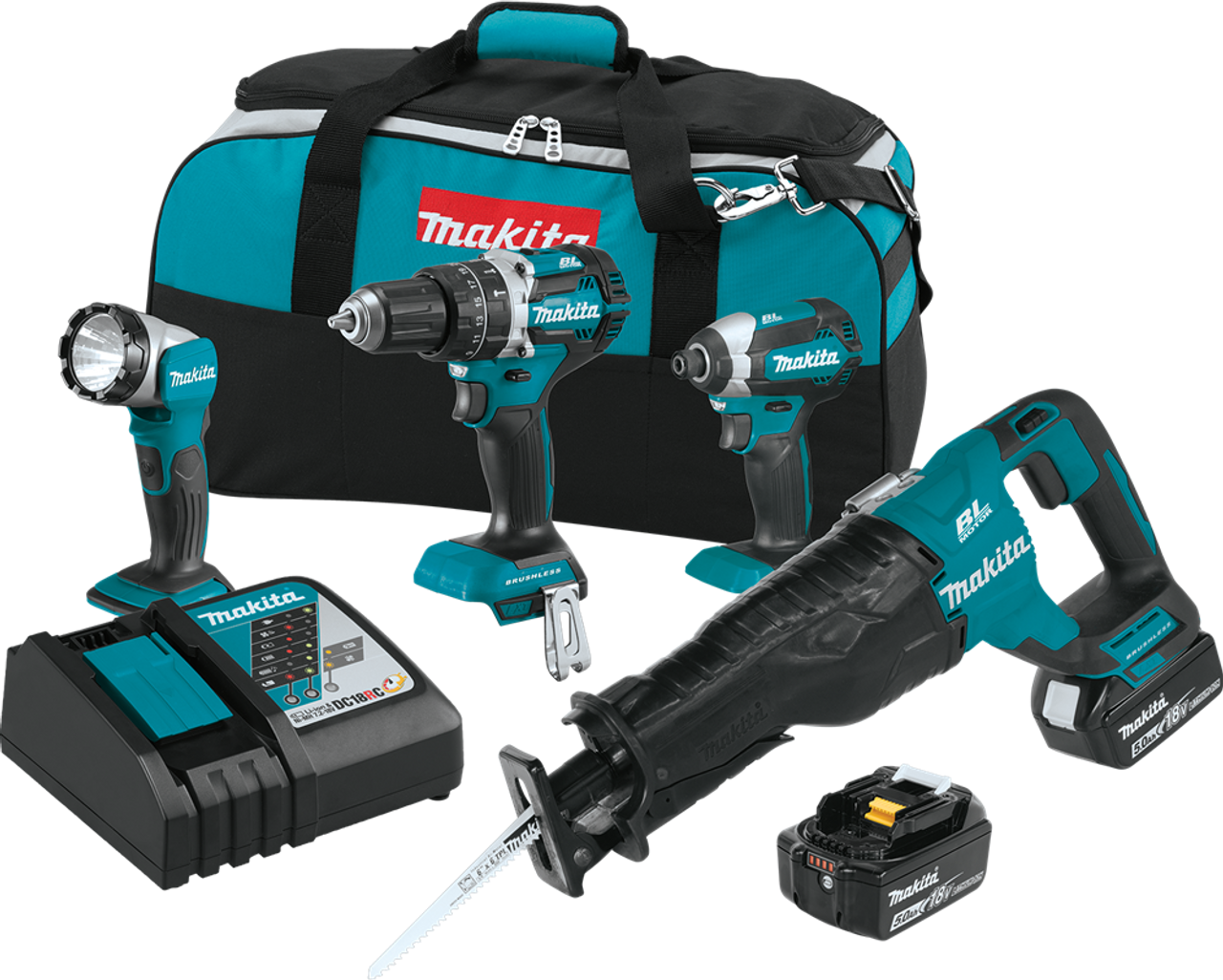 18V LXT? Lithium-Ion Brushless Cordless 4-Pc. Combo Kit (5.0Ah), High-luminance, XT447T