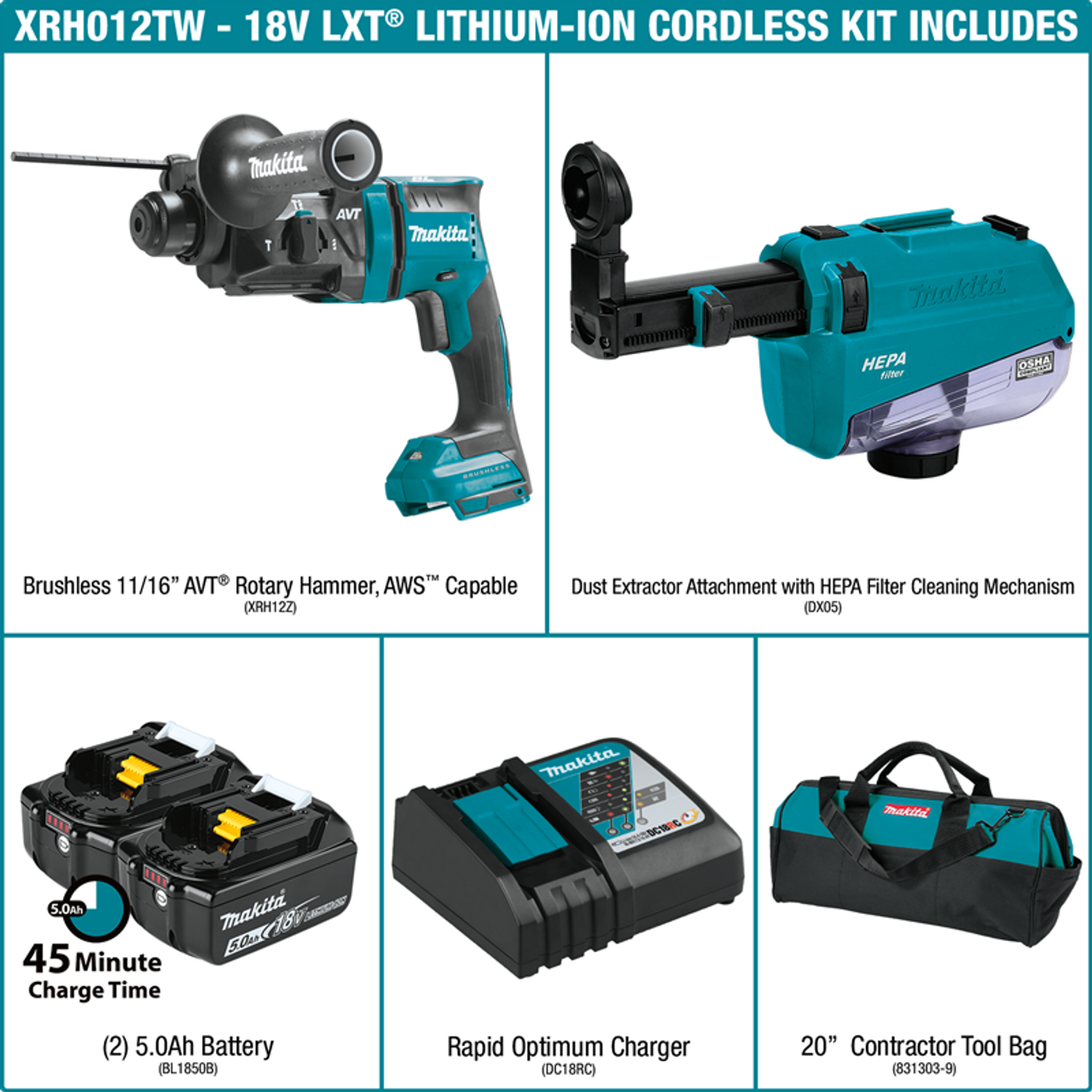 18V LXT? Lithium-Ion Brushless Cordless 11/16" AVT? Rotary Hammer Kit, SDS-PLUS, w/ HEPA Dust Extractor, AWS? Capable (5.0Ah), XRH12TW