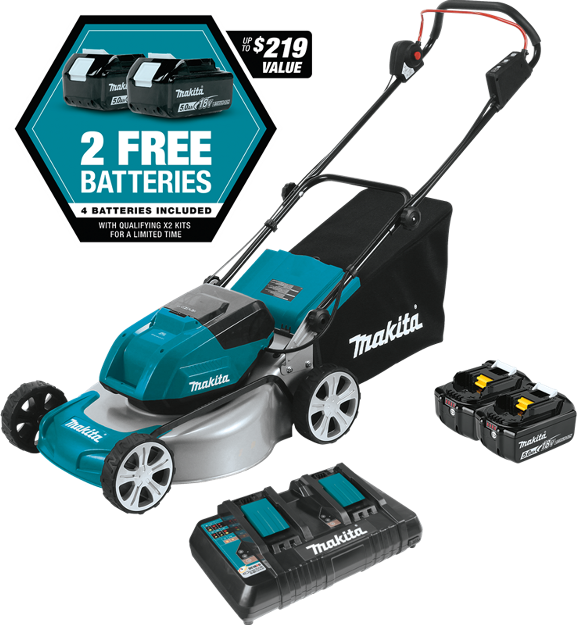 36V (18V X2) LXT? Brushless 18" Lawn Mower Kit with 4 Batteries (5.0Ah), Commercial-grade steel deck,  XML03PT1