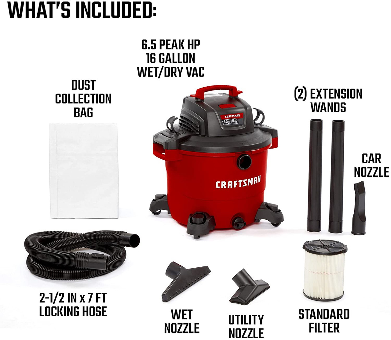 16 Gallon 6.5 Peak HP Wet/Dry Vac, Heavy-Duty Shop Vacuum with Attachments, Red (EVBE17595)