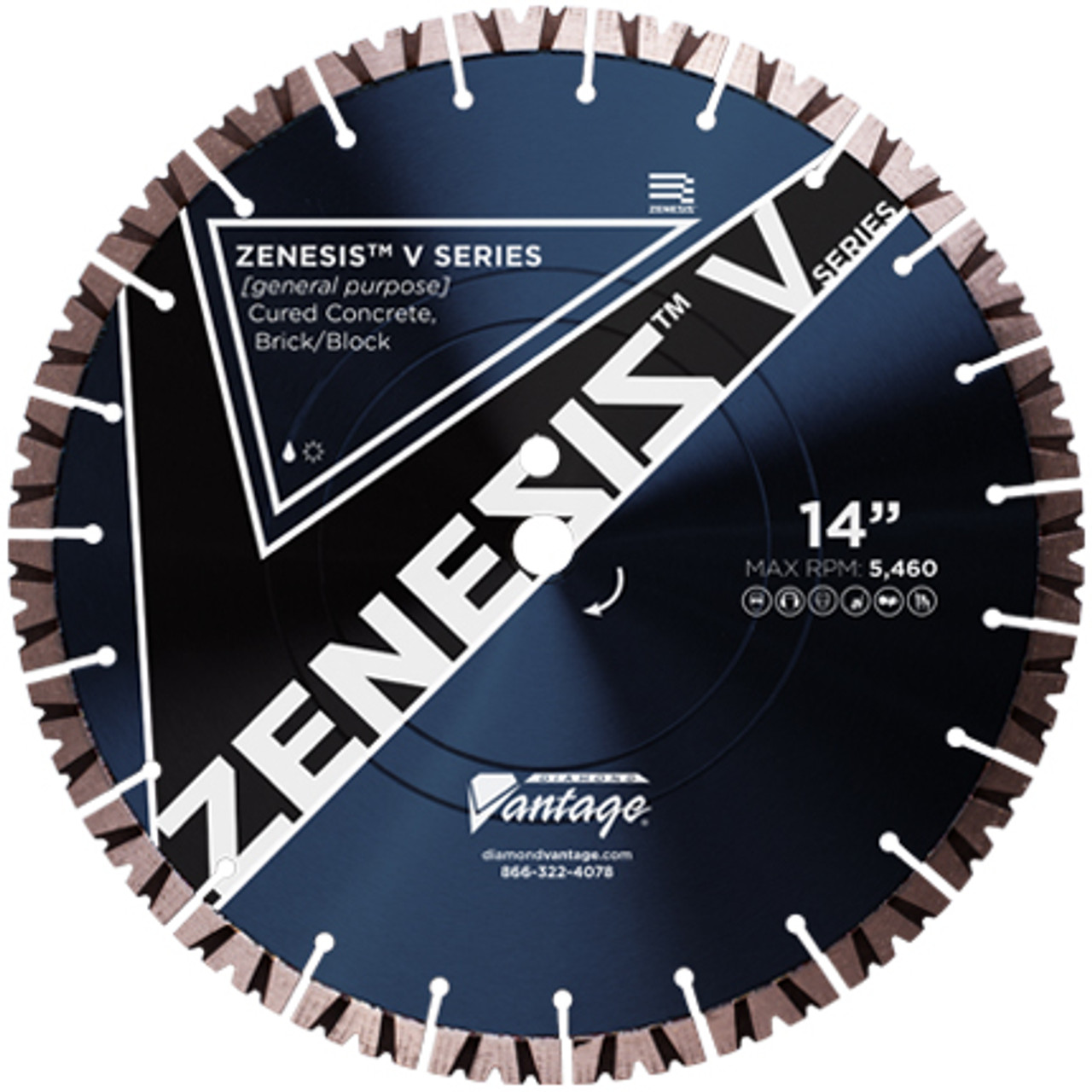 Diamond Vantage ZENESIS V SERIES ZX5 14 x .125 x 1/20mm Concrete/Masonry, ZENESIS V Notch HS Blade, 15mm seg