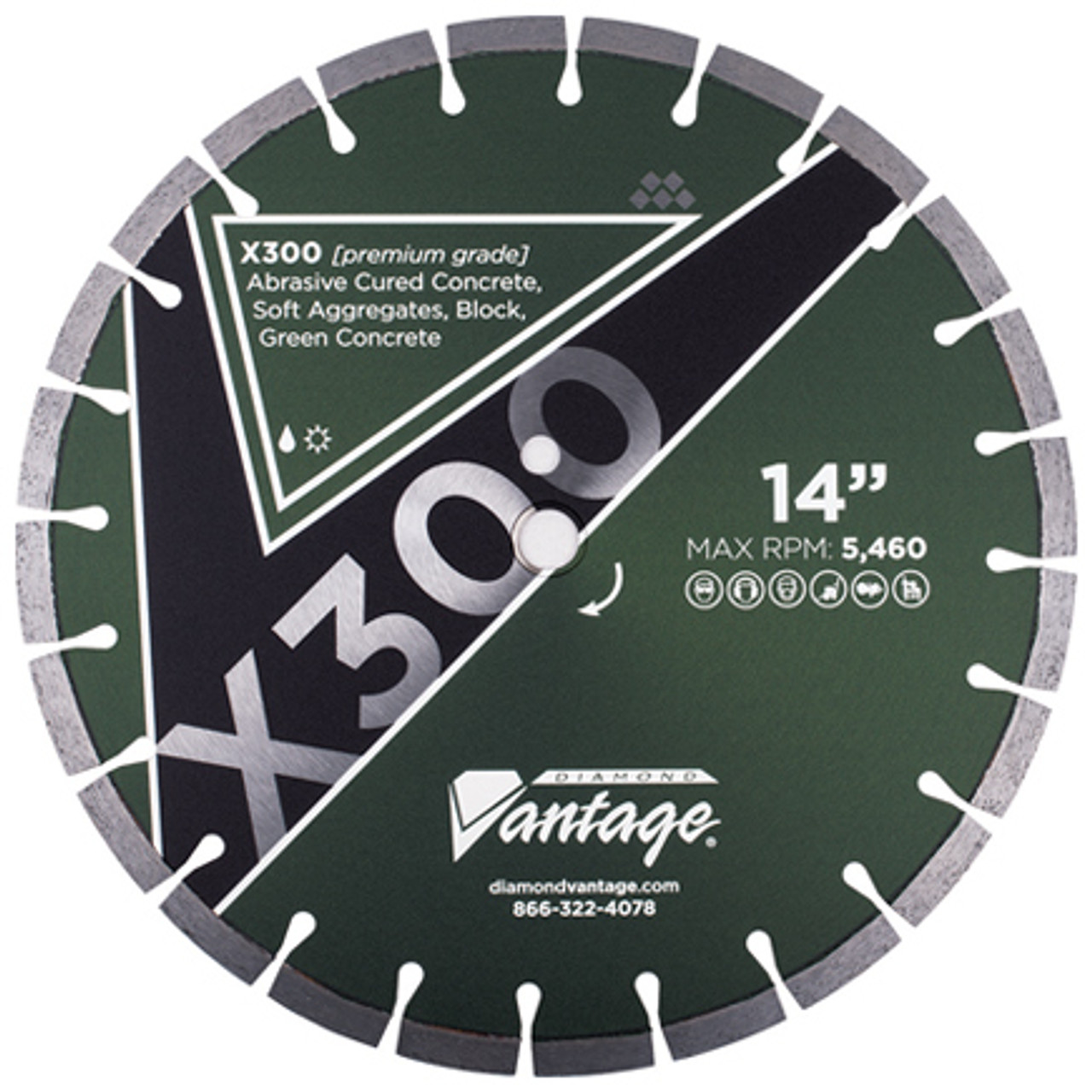 Diamond Vantage X300 16 x .125 x 1/20mm Premium Green Concrete/Block Diamond Segmented Blade