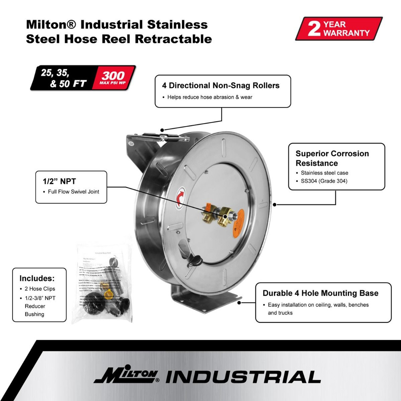 Milton? Industrial Stainless Steel Hose Reel Retractable