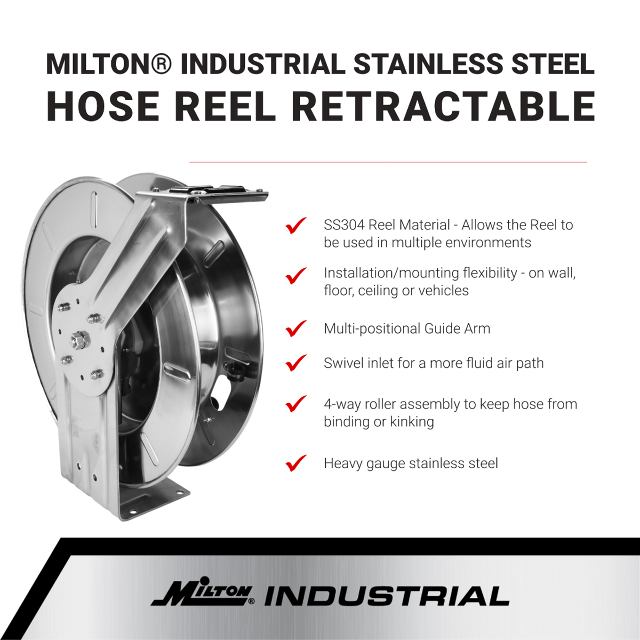 2756-5012SS - Milton® Industrial Stainless Steel Hose Reel Retractable