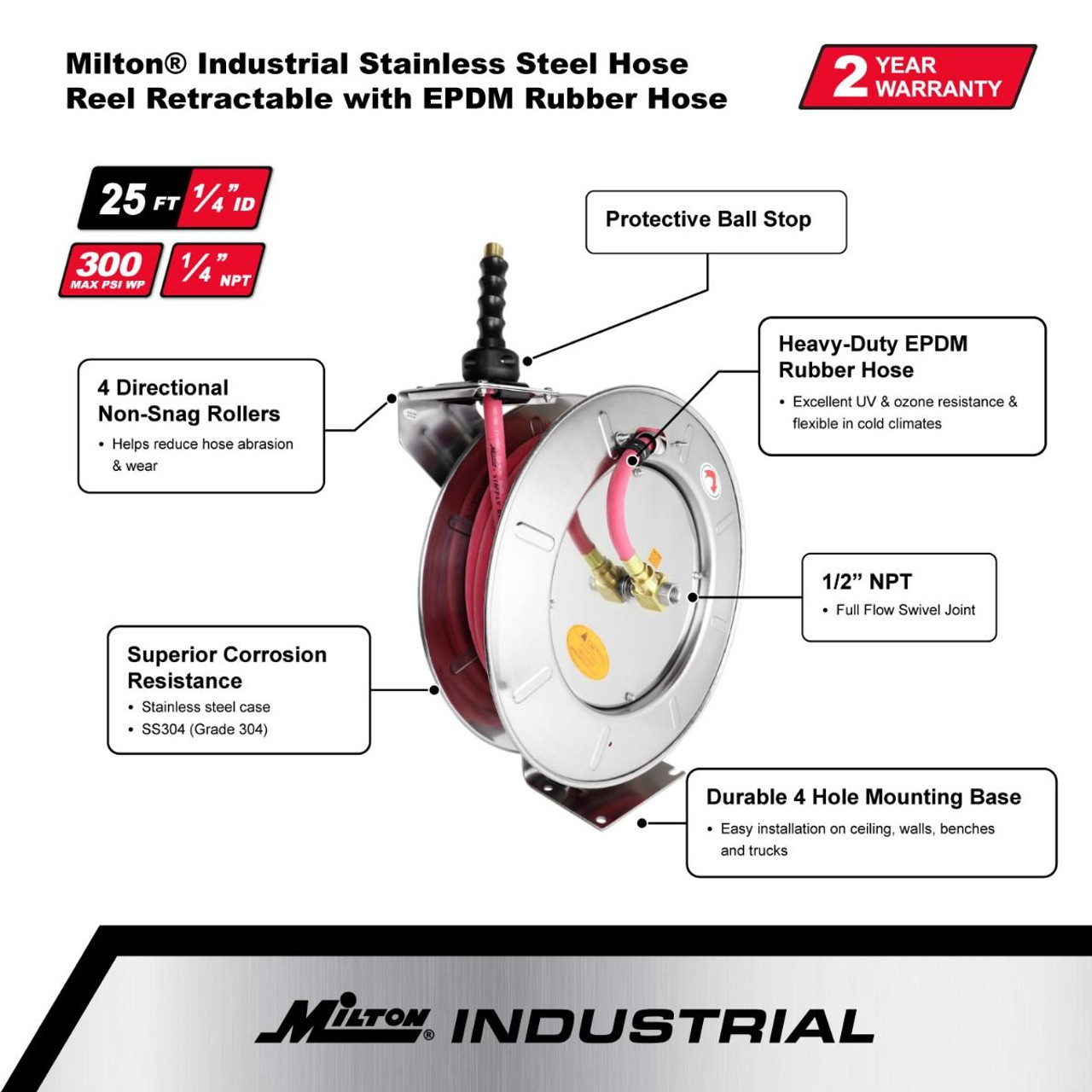 Milton? Industrial Stainless Steel Hose Reel Retractable, 1/4" ID x 25' EPDM hose w/ 1/4" NPT, 300 PSI