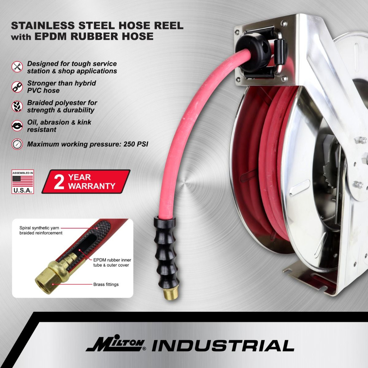 Milton? Industrial Stainless Steel Hose Reel Retractable, 1/4 ID