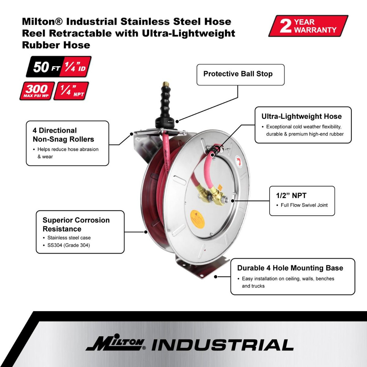 Milton? Industrial Stainless Steel Hose Reel Retractable, 1/4" ID x 50' Ultra-Lightweight Rubber hose w/ 1/4" NPT, 300 PSI