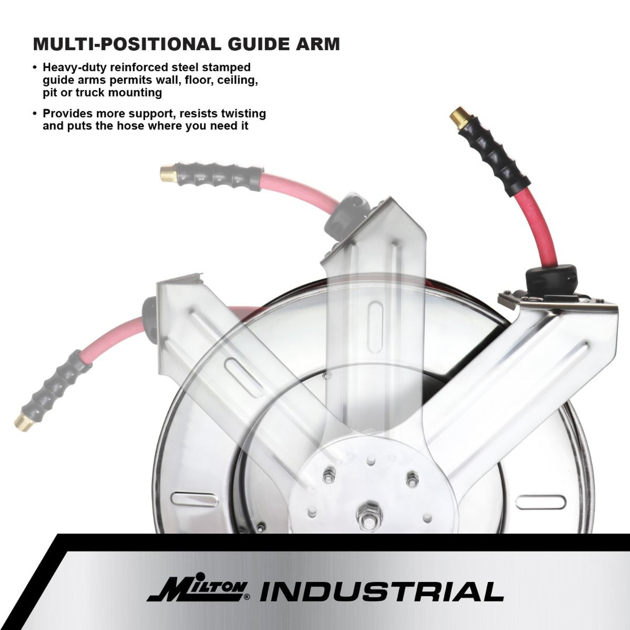 Milton? Industrial Stainless Steel Hose Reel Retractable, 3/8" ID x 35' Ultra-Lightweight Rubber hose w/ 3/8" NPT, 300 PSI