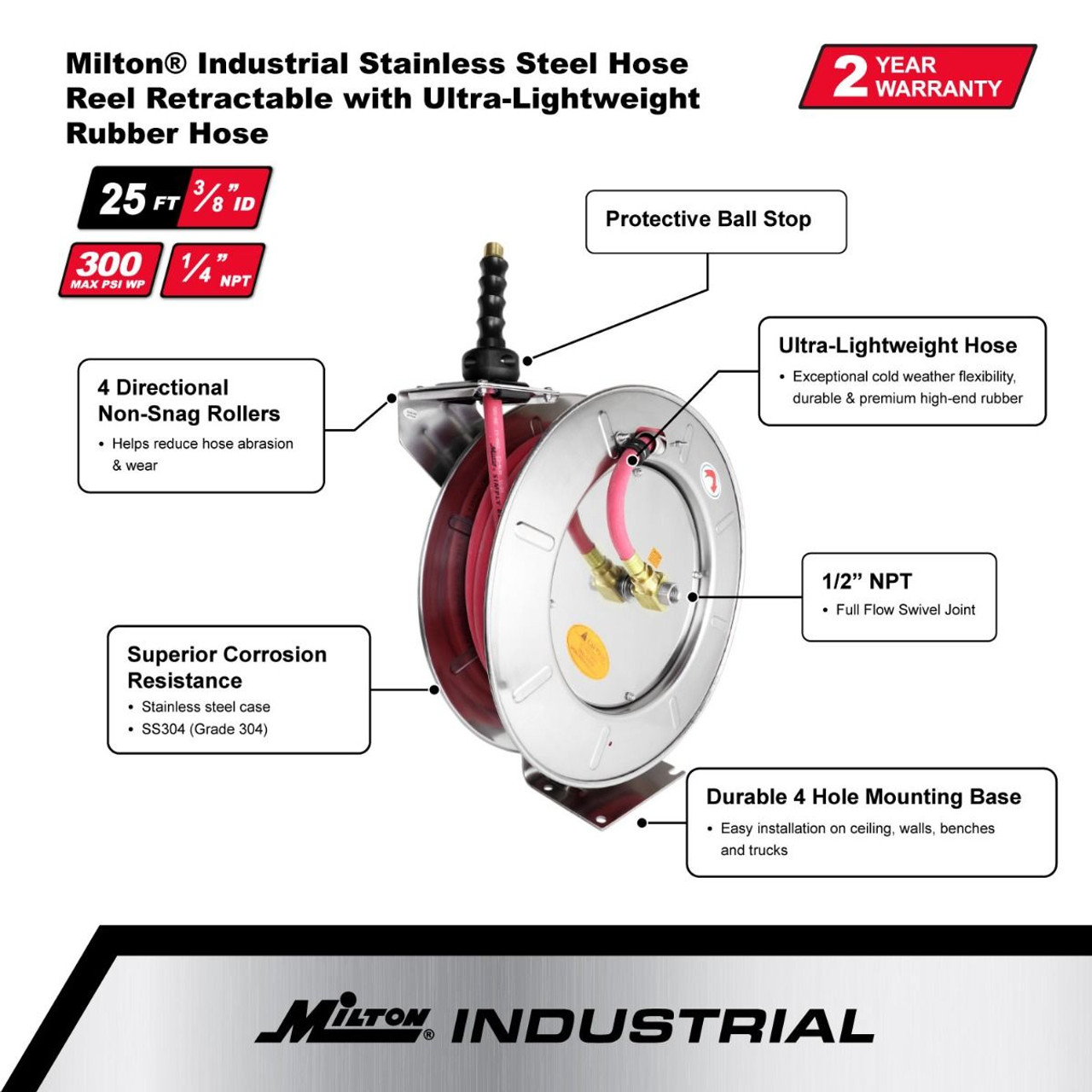 Milton? Industrial Stainless Steel Hose Reel Retractable, 3/8" ID x 25' Ultra-Lightweight Rubber hose w/ 1/4" NPT, 300 PSI