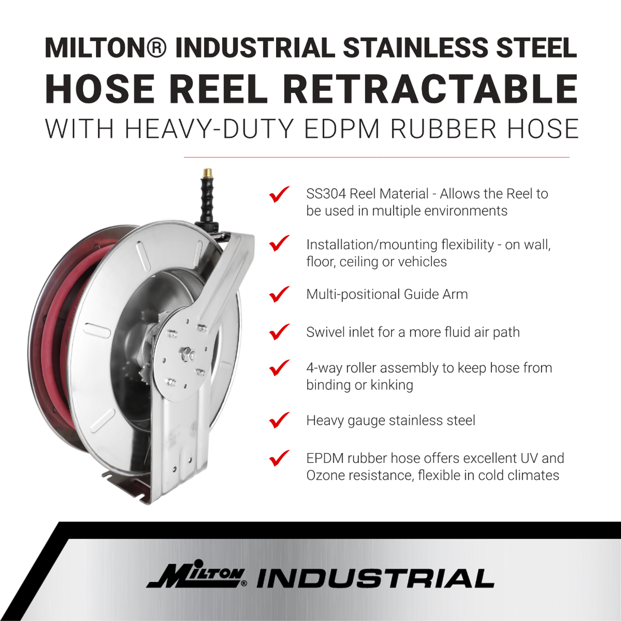 Milton? Industrial Stainless Steel Hose Reel Retractable, 3/8" ID x 35' EPDM hose w/ 3/8" NPT, 300 PSI