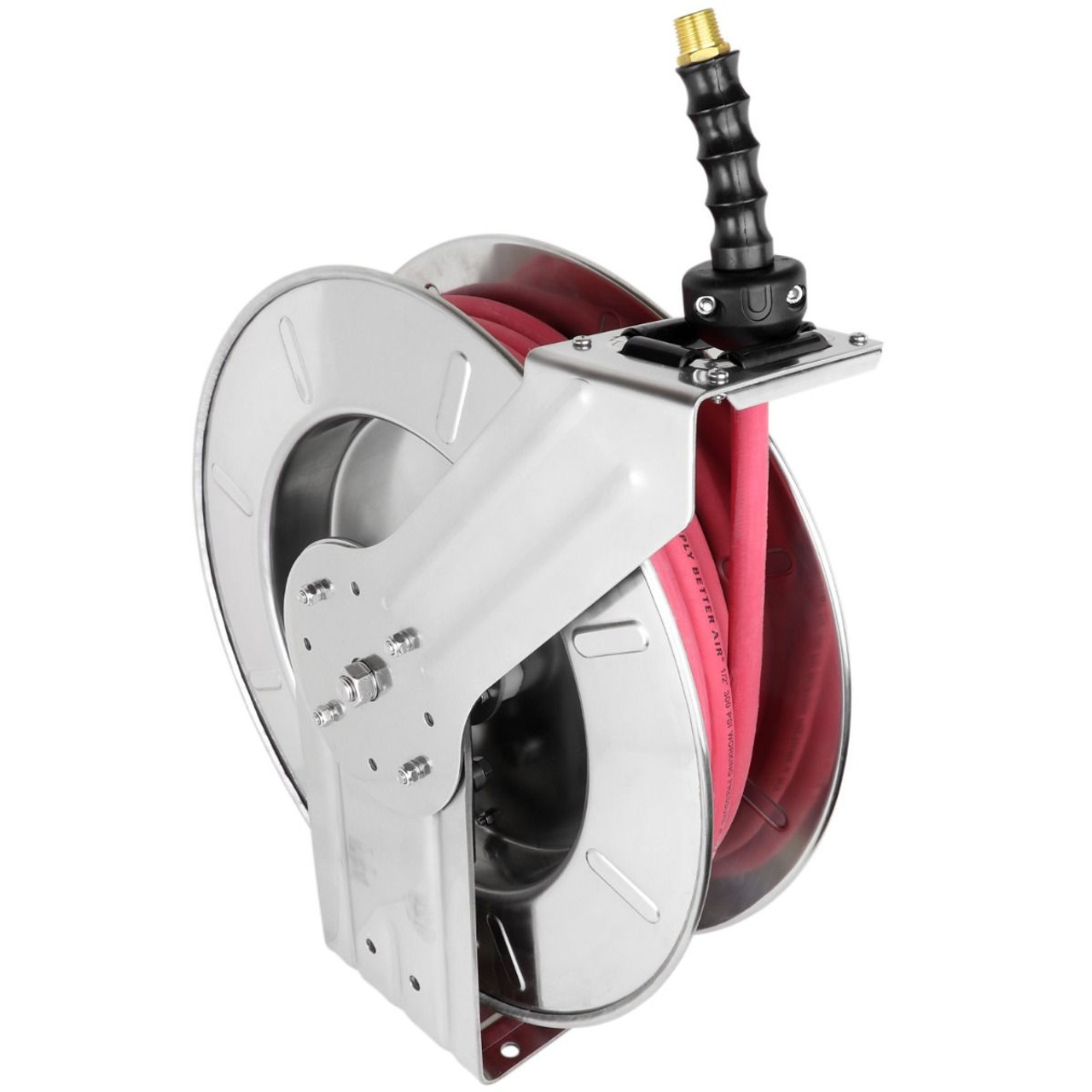 Milton? Industrial Stainless Steel Hose Reel Retractable, 3/8" ID x 35' Ultra-Lightweight Rubber hose w/ 1/4" NPT, 300 PSI