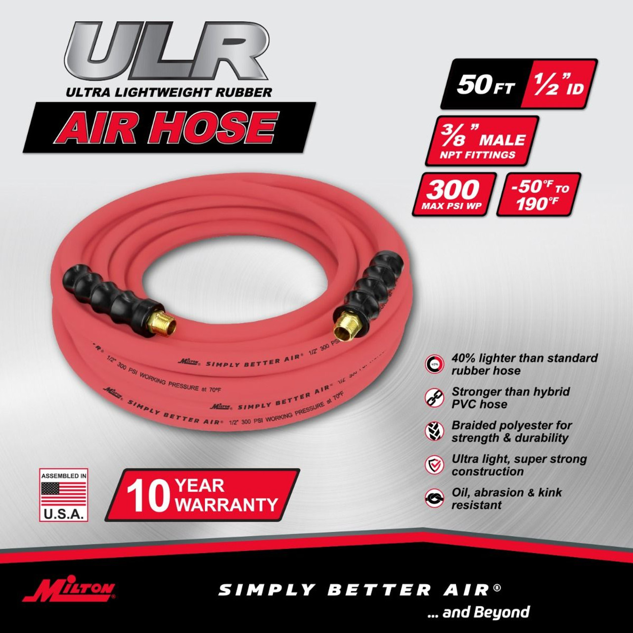 Milton? 1/2" Ultra Lightweight Rubber Hose, 50' Air Hose w/ 3/8" NPT Male Inlet Thread Ends