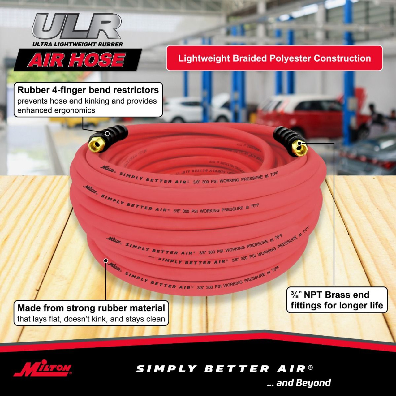 Milton? 3/8" Ultra Lightweight Rubber Hose, 100' Air Hose w/ 3/8" NPT Male Inlet Thread Ends