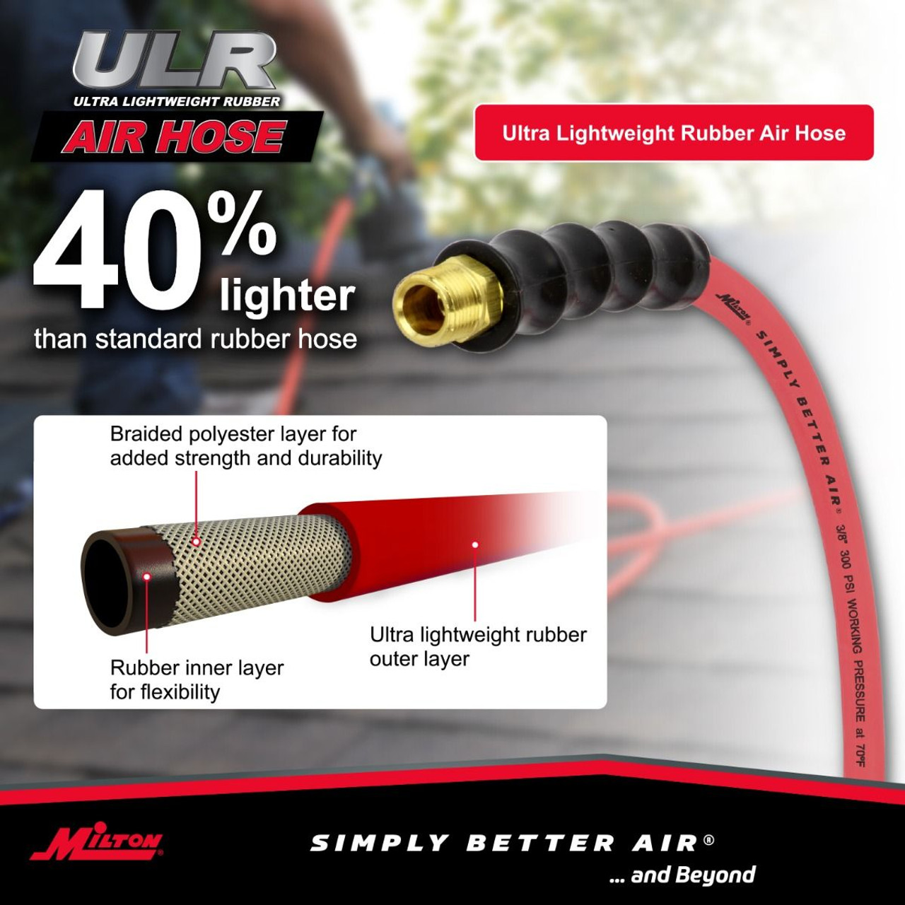 Milton? 3/8" Ultra Lightweight Rubber Hose, 100' Air Hose w/ 3/8" NPT Male Inlet Thread Ends