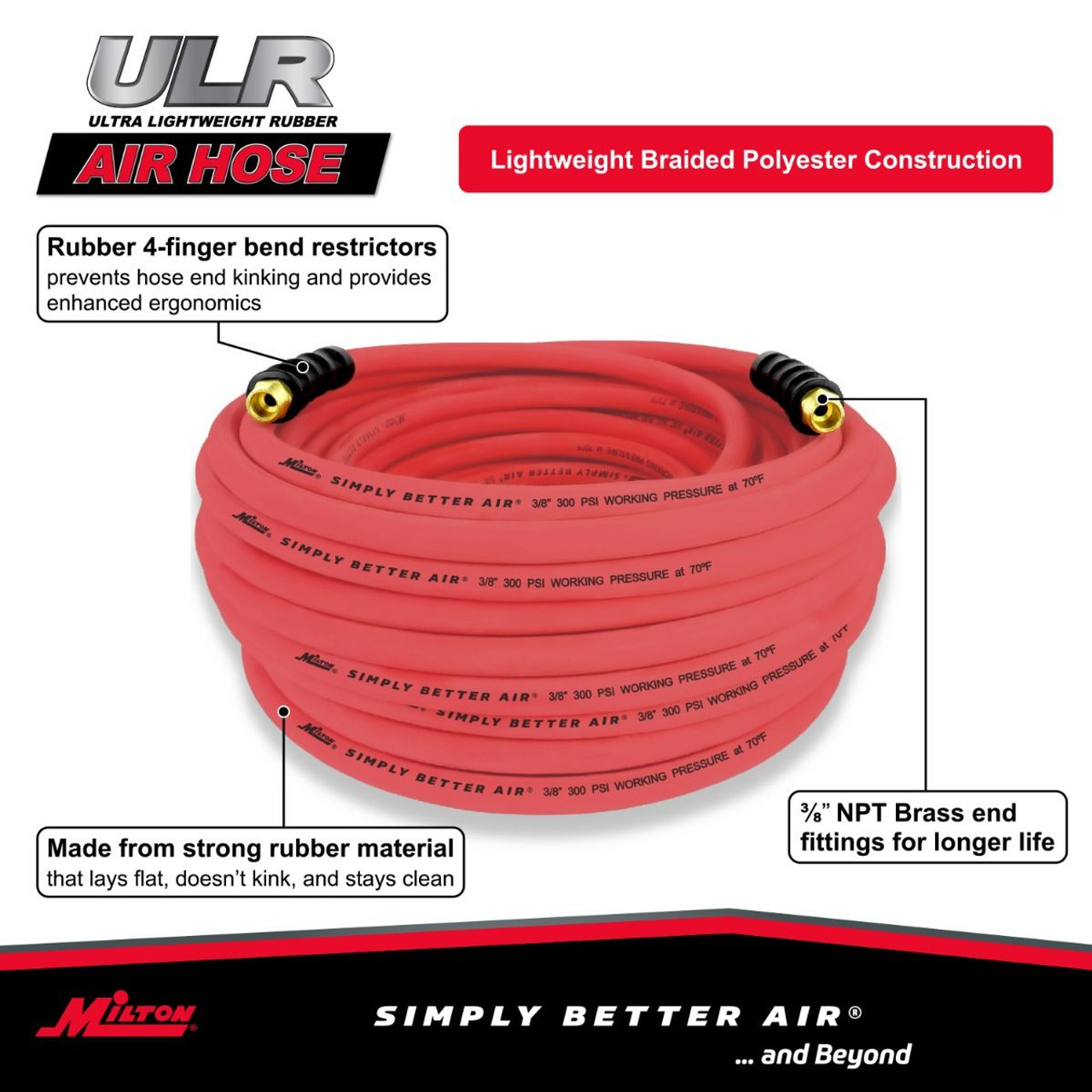 Milton? 3/8 Ultra Lightweight Rubber Hose, 100' Air Hose w/ 3/8 NPT Male  Inlet Thread Ends