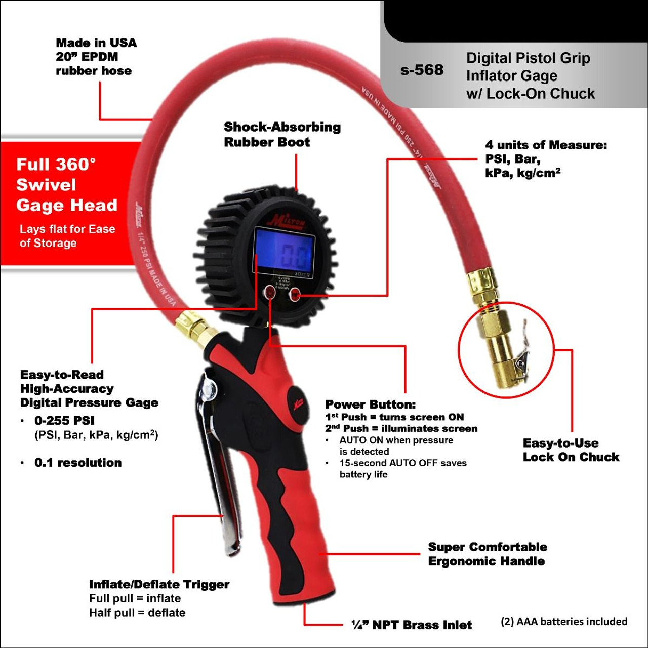 Milton? Heavy-Duty Digital Tire Pressure Gauge and Inflator with Air Chuck