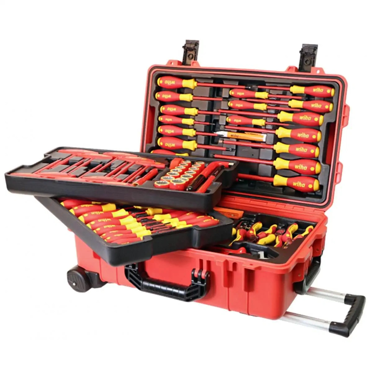 Insulated 80 Piece Tool Set w/ Screwdrivers, Nut Drivers, Pliers, Cutters, Ruler, Knife, Sockets in 22" L x 13 3/4" W x 9" H Rolling Tool Case