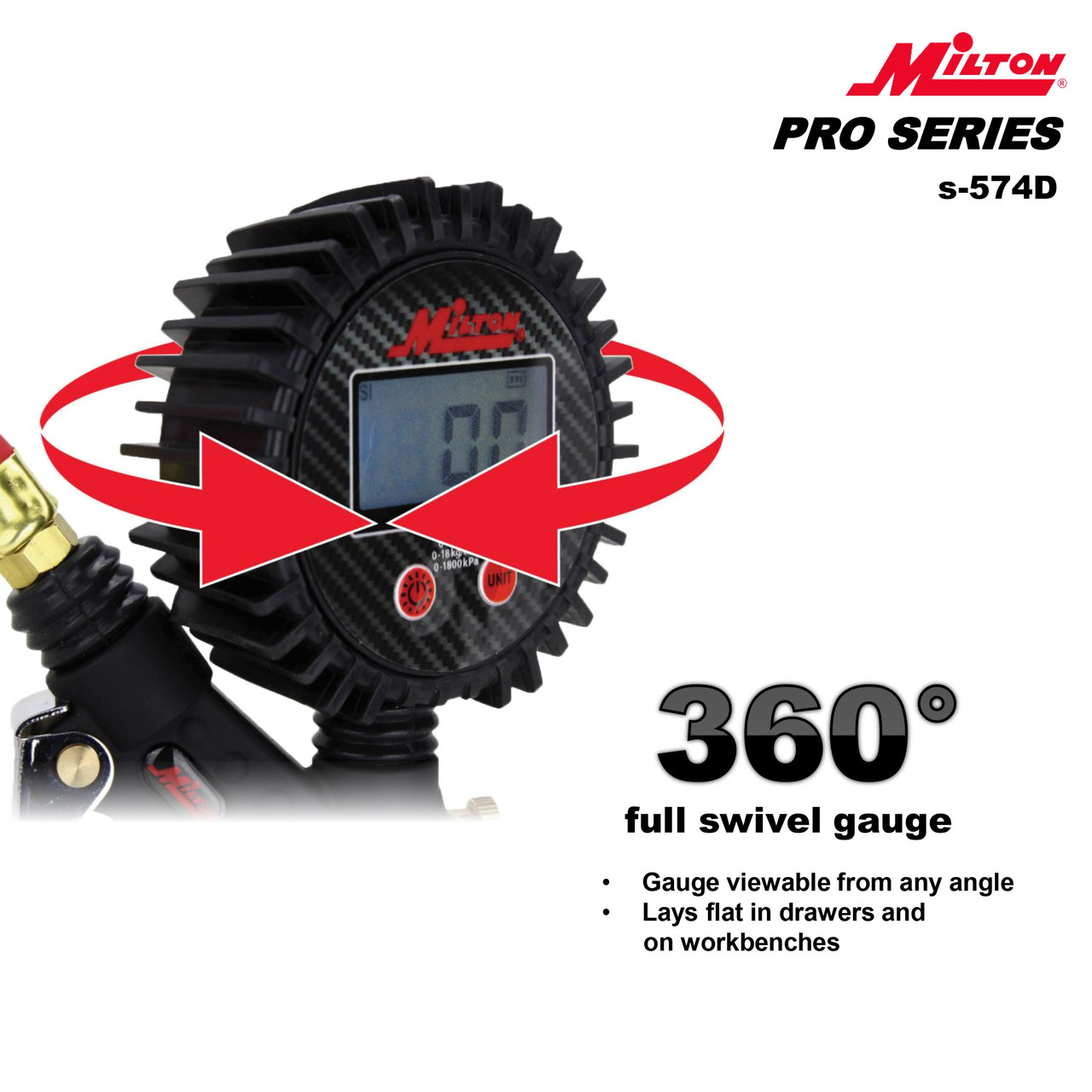 Milton? Pro Digital Tire Inflator/Pressure Pistol Grip Gauge, Straight Foot Chuck, 15" Hose