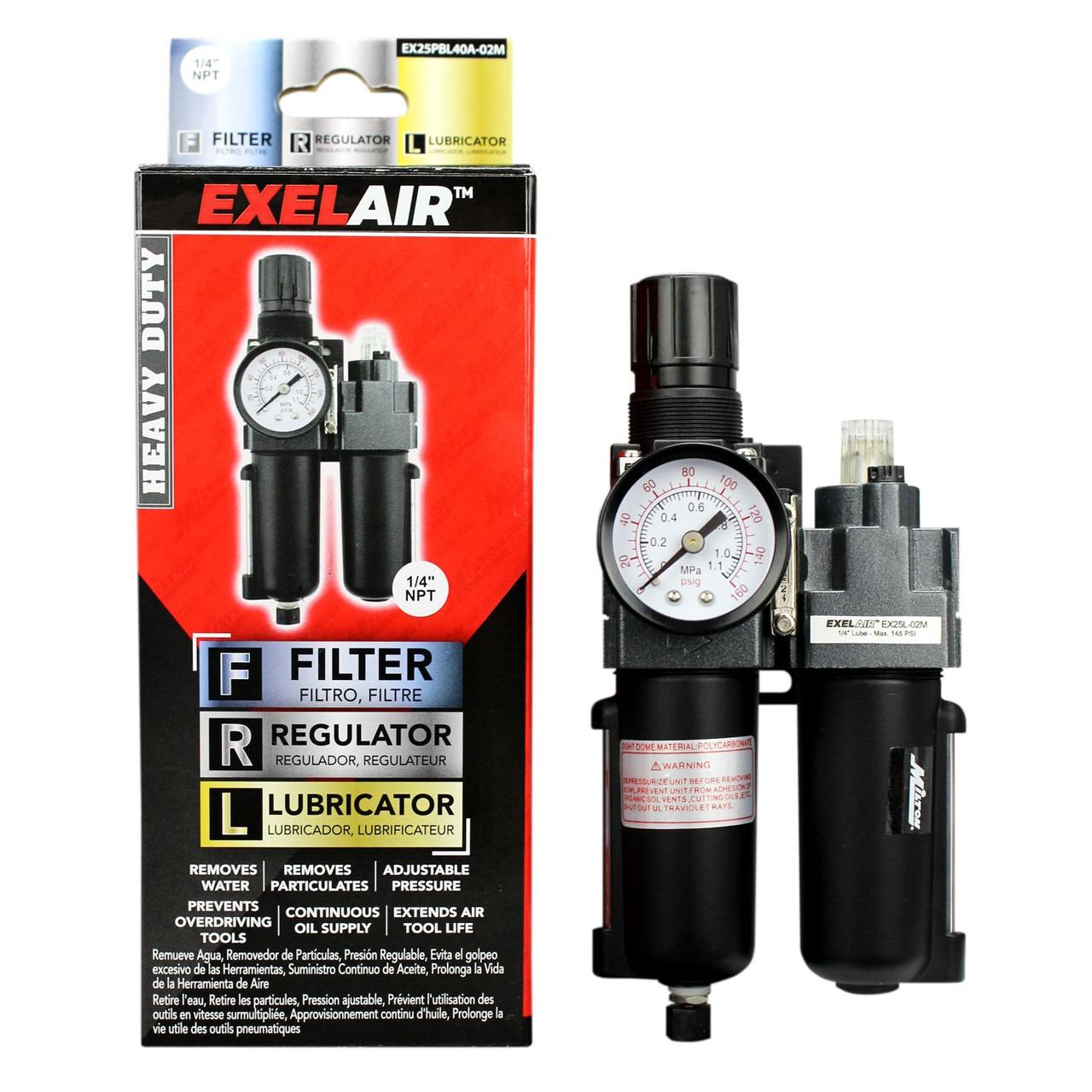 Milton? FRL (Mini/Piggyback) Air Filter & Regulator w/Lubricator - 1/4" NPT - Metal Bowl, Automatic Float