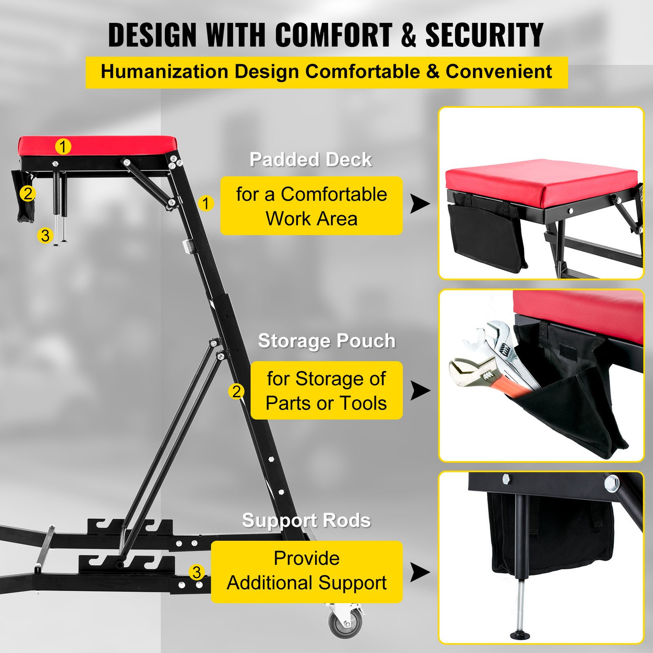 Topside Automotive Engine Creeper, Adjustable Height Foldable Topside Creeper, 400LBS Capacity High Top Engine Creeper, w/Four Casters, Padded Deck, for Home Garage, Workshop Repair Maintenance