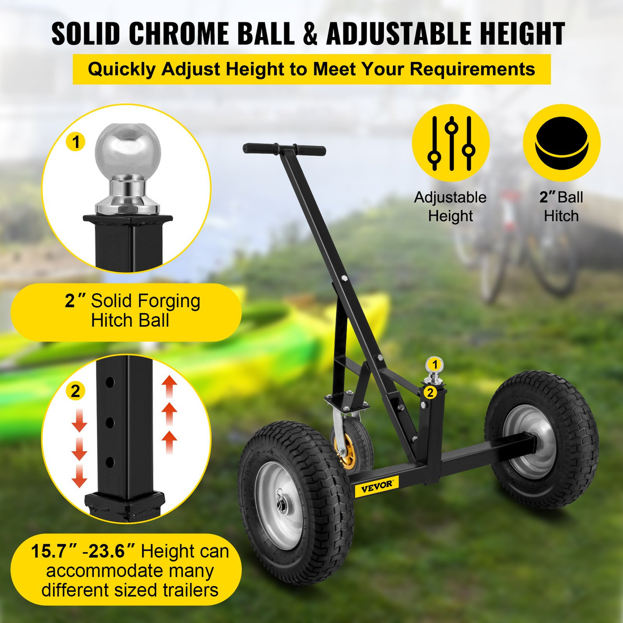 Adjustable Trailer Dolly, 800 Lbs Capacity Trailer Mover Dolly, 15.7" -23.6" Adjustable Height, 2" Ball Trailer Mover with 16" Wheels, Heavy-Duty Tow Dolly for Car, RV, Boat
