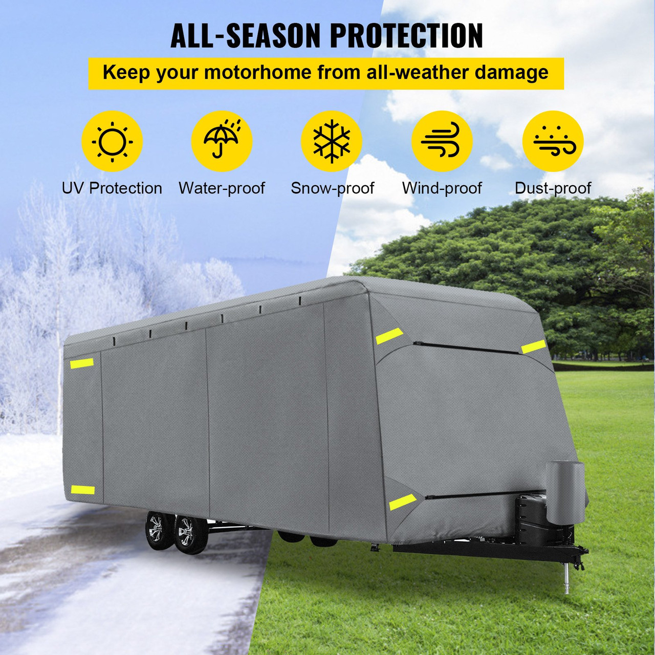 RV Cover, 14'-16' Travel Trailer RV Cover, Windproof RV & Trailer Cover, Extra-Thick 4 Layers Durable Camper Cover, Waterproof Ripstop Anti-UV for RV Motorhome with Adhesive Patch & Storage Bag