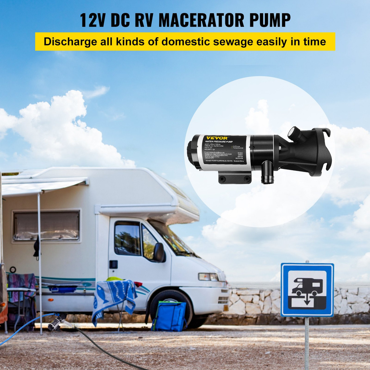 RV Macerator Pump Water Waste Pump 12/24 V 12 GPM Self-priming 16 ft Head