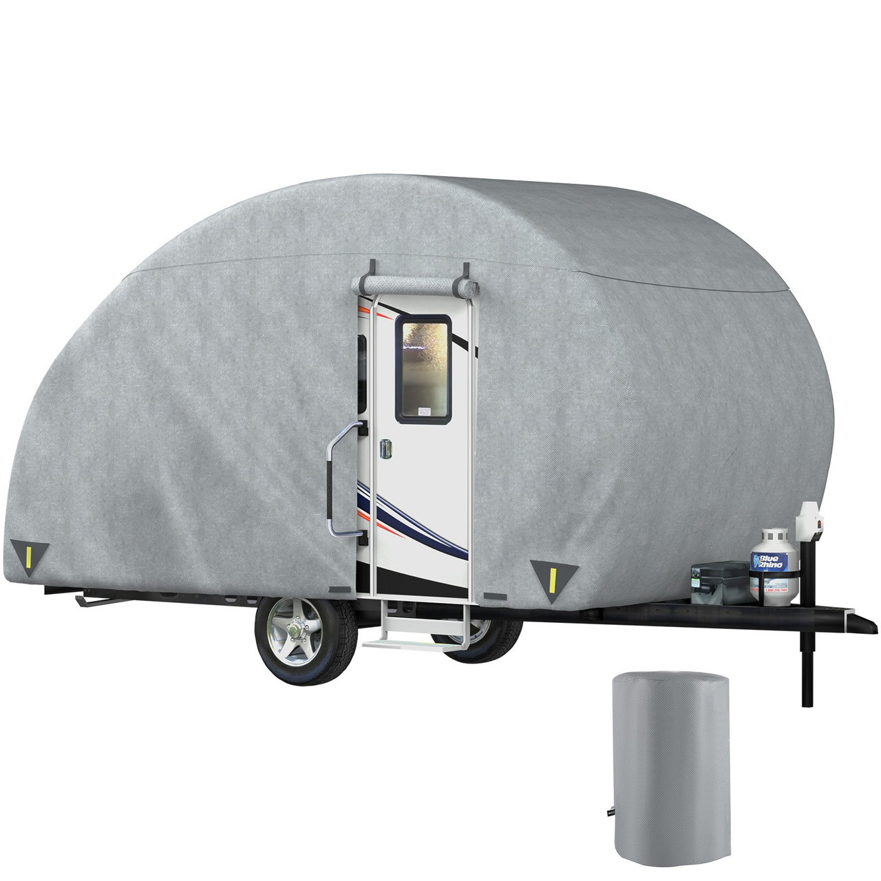Teardrop Trailer Cover, Fit for 18' - 20' Trailers, Upgraded Non-Woven 4 Layers Camper Cover, UV-proof Waterproof Travel Trailer Cover w/ 2 Wind-proof Straps, 1 Storage Bag and 1 Front Gate