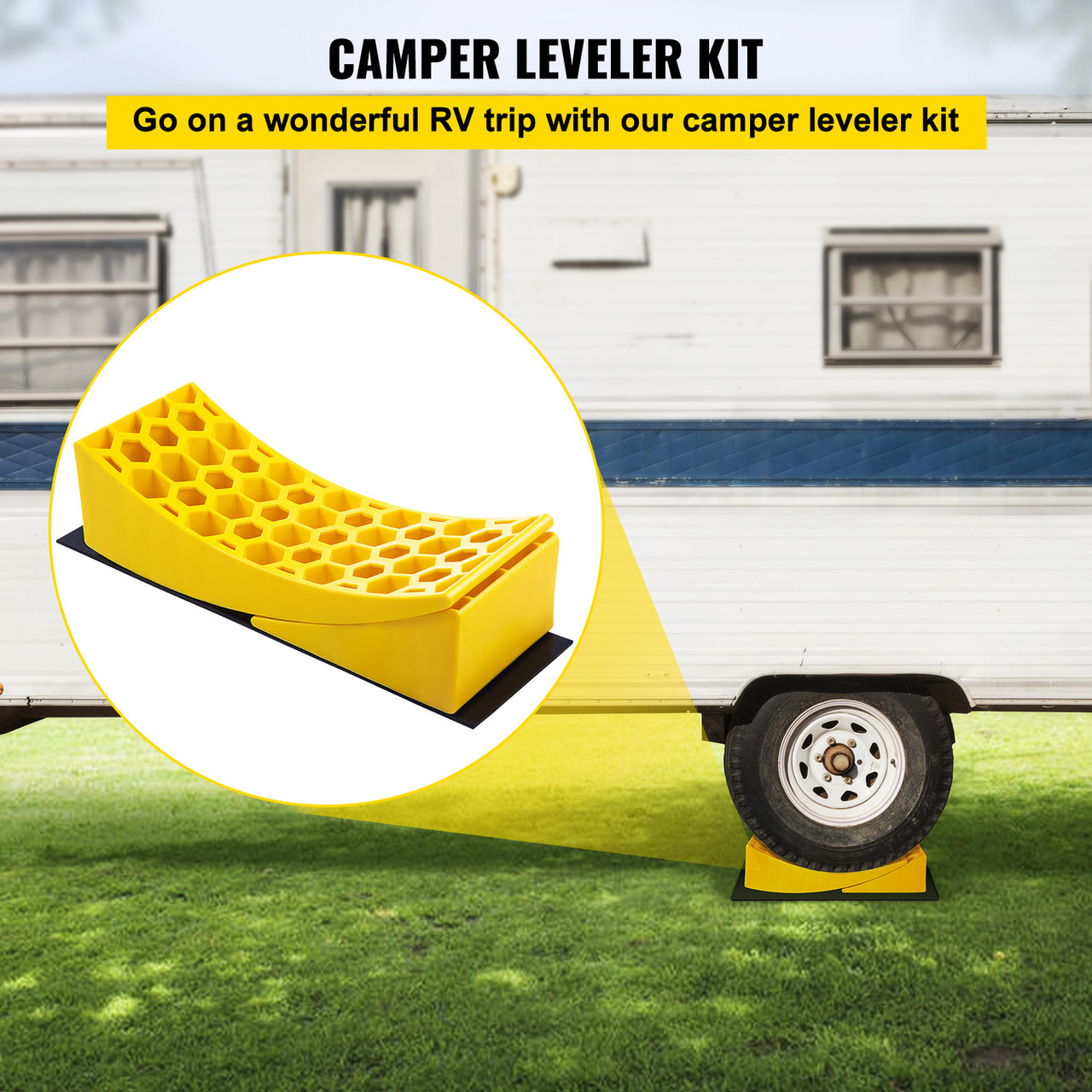 Camper Leveler, 2 Pack RV Leveling Blocks, HDPE Curved Levelers,Include 2 Curved Levelers,2 Chocks,2 Rubber Grip Mats,Hold up to 35000 lbs,Fast and Precise Leveling for Camper RV Trailer