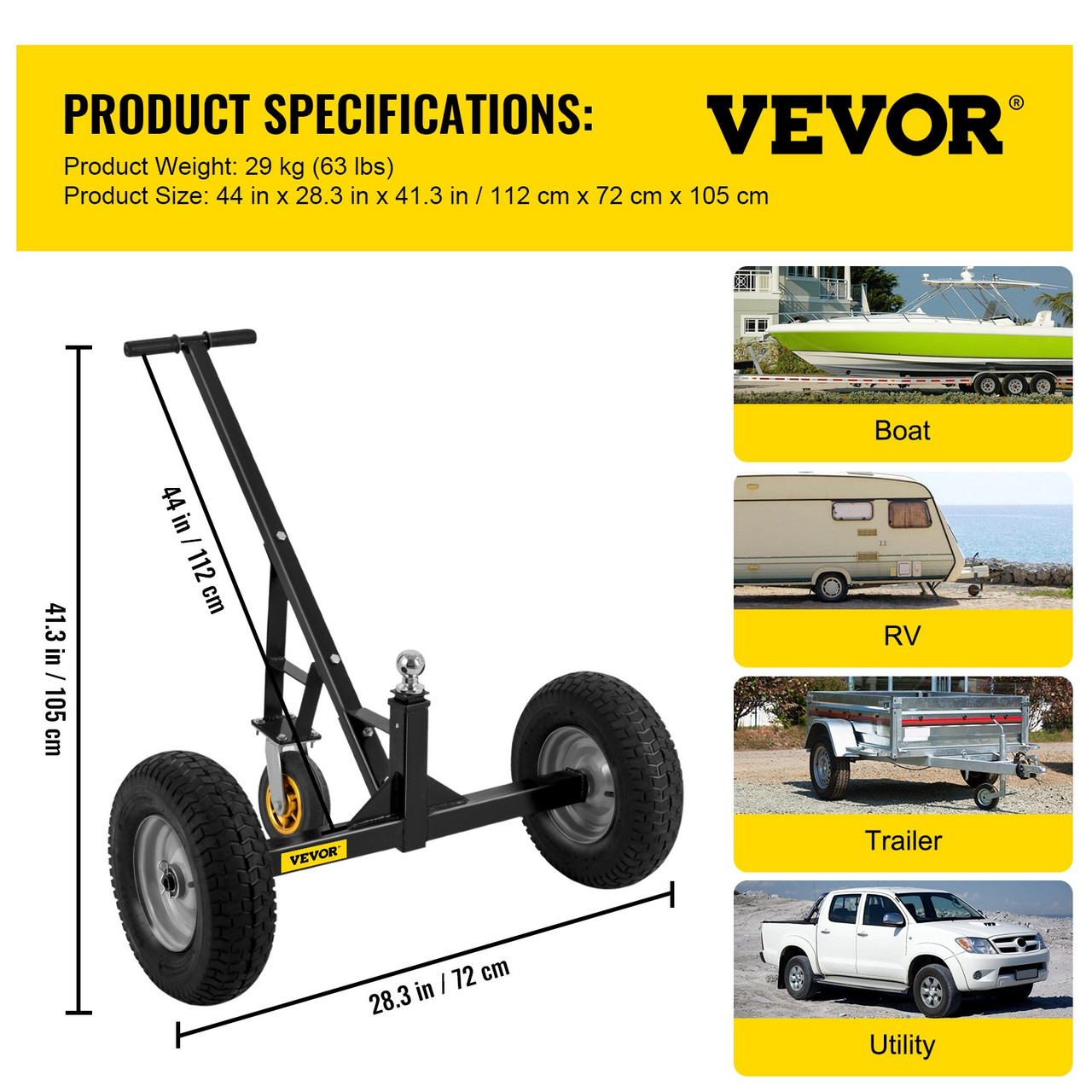 Adjustable Trailer Dolly, 1000 Lbs Capacity Trailer Mover Dolly, 15.7" to 23.6" Adjustable Height, Manual Trailer Mover with 16" Wheels, Heavy-Duty Tow Dolly for Car, RV, Boat